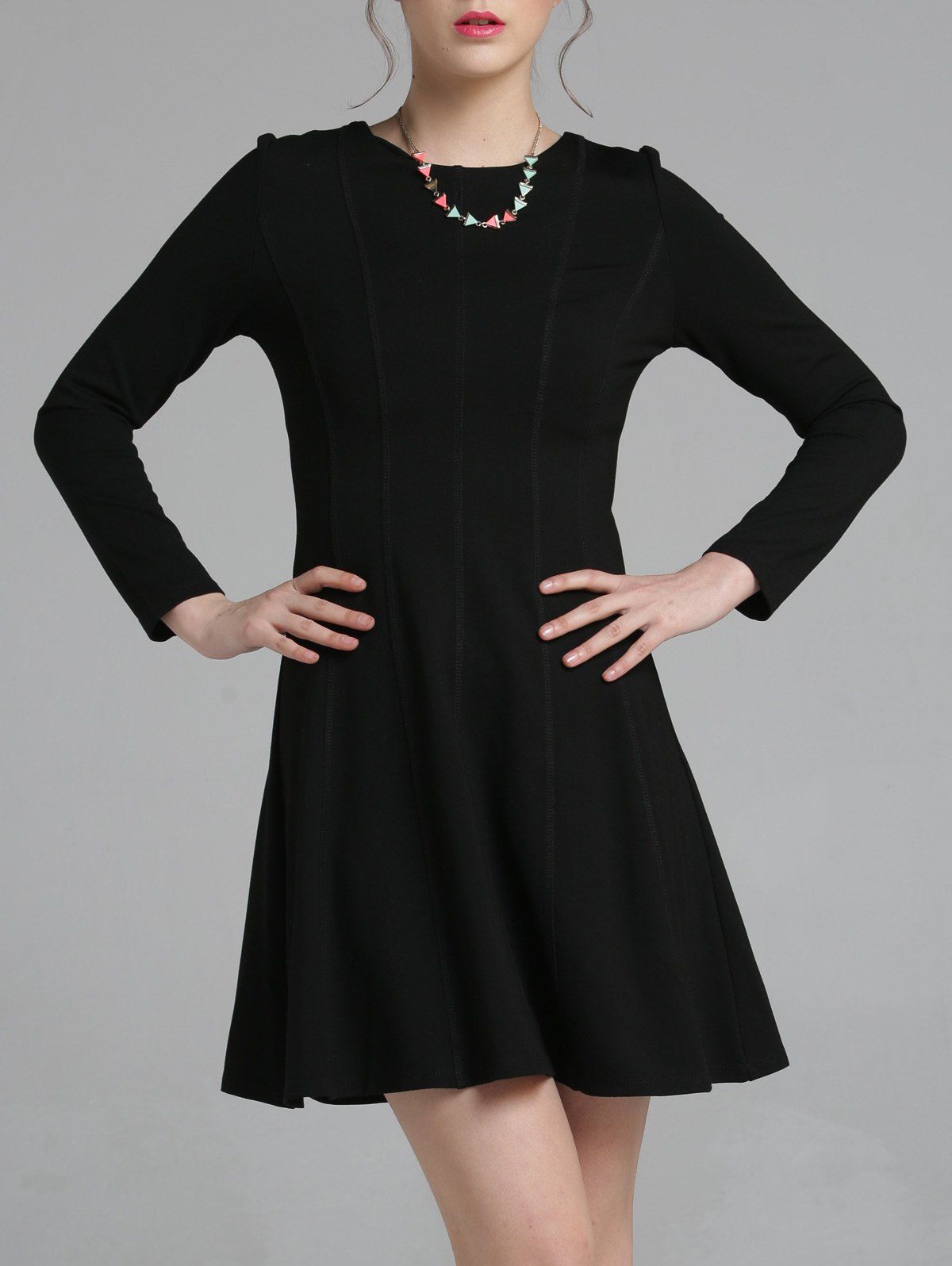 Black 2xl Long Sleeve Fitting Aline Dress