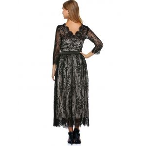 Black L Scalloped Long Lace Evening Dress With Sleeves | RoseGal.com