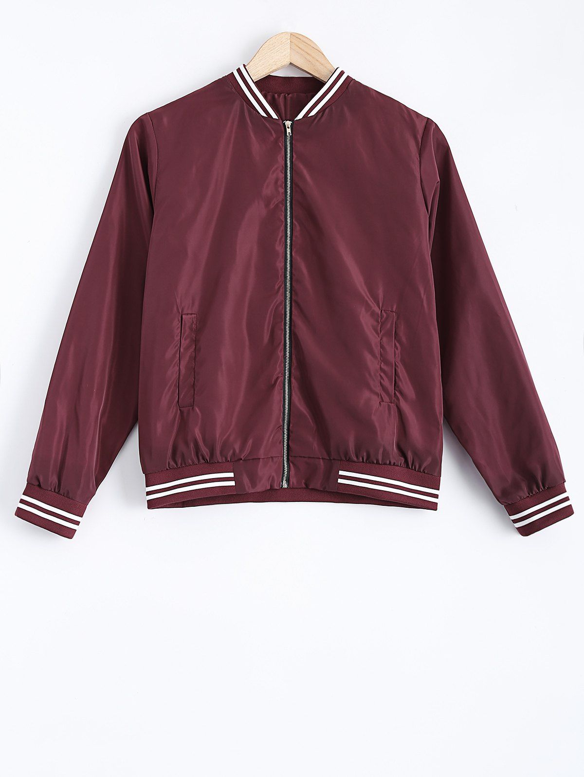 Trendy Striped Hem Zip Design Bomber Jacket  