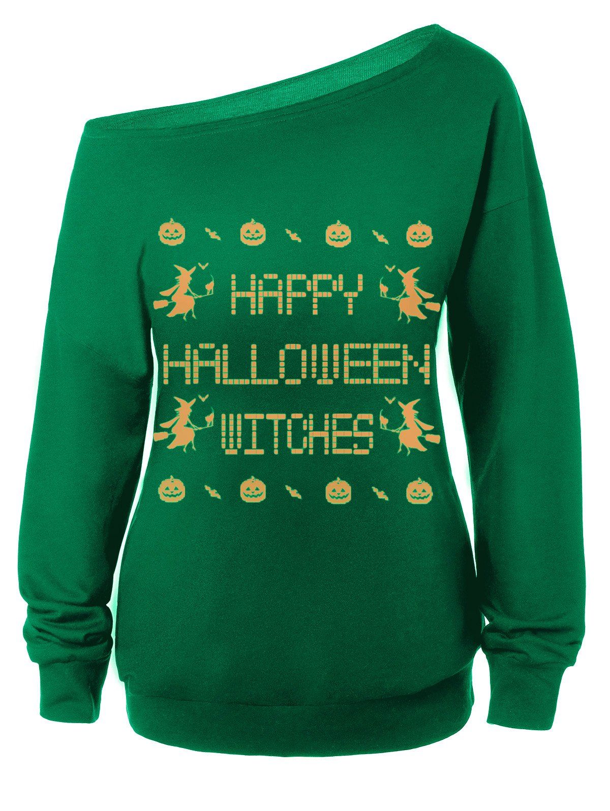 

Skew Neck Witches Print Halloween Sweatshirt, Green