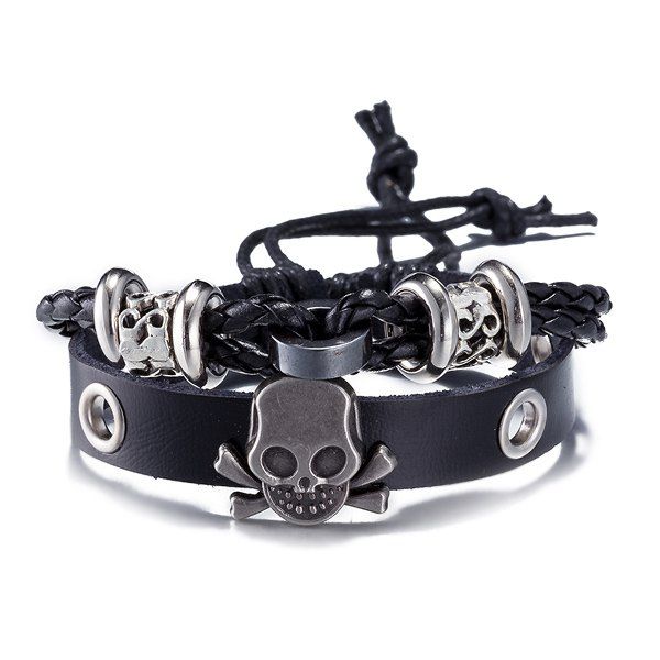 

Faux Leather Woven Skull Infinity Bracelet, Black