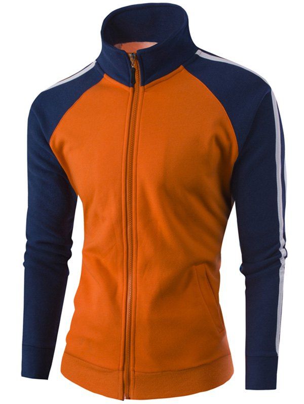 

Raglan Sleeve Stand Collar Zipper-Up Striped Jacket, Orange