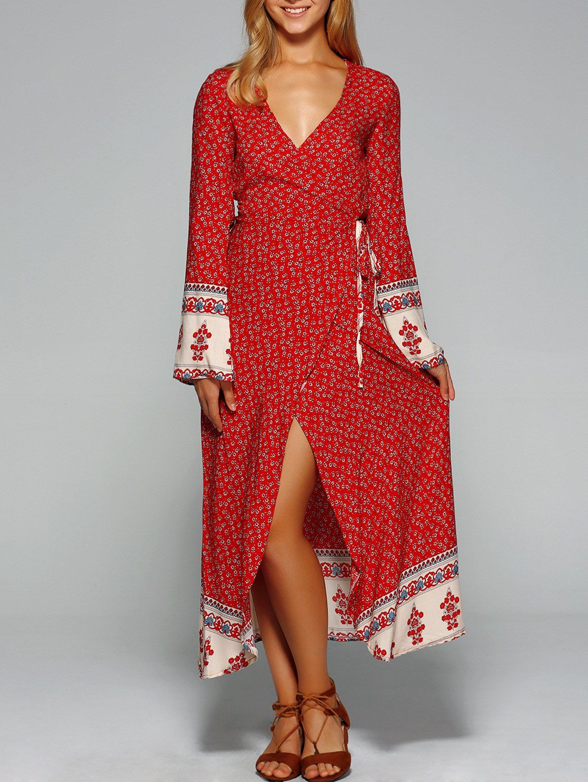 Red L Maxi Bell Sleeve Floral Wrap Dress | RoseGal.com