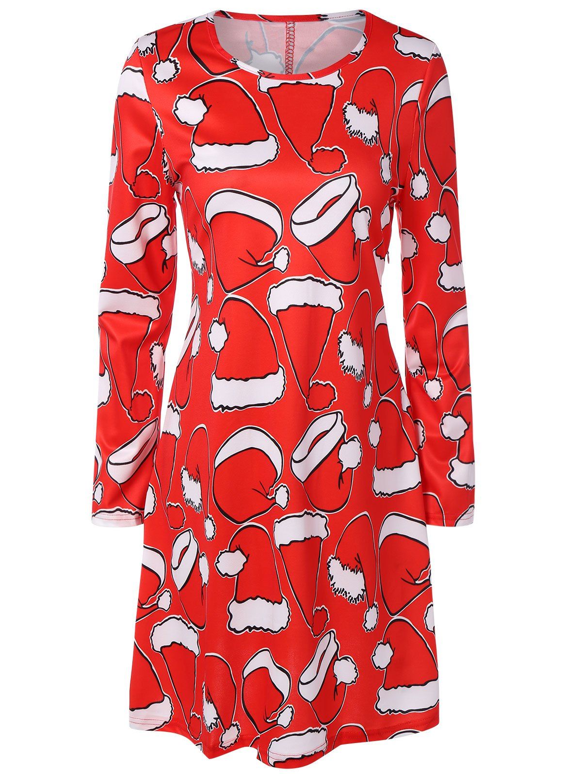 

Long Sleeve Hat Print Mini Christmas Dress, Red
