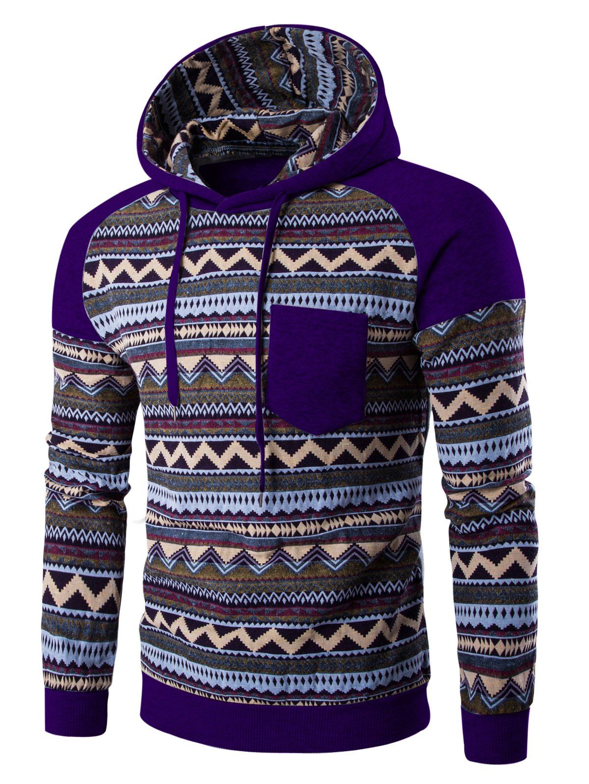 [44% OFF] Color Block Tribal Printed Pocket Hooded Raglan Sleeve Hoodie ...