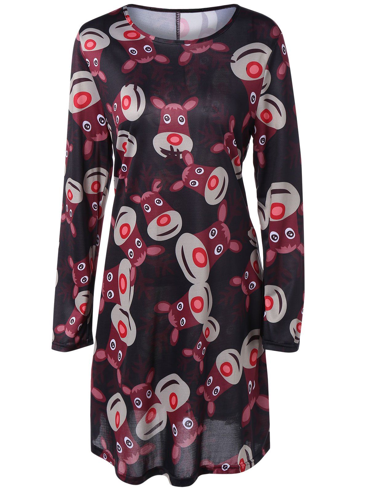 

Long Sleeve Elk Print Mini Christmas Dress, Black