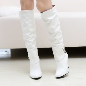 White 41 Ruched Stiletto Heel Pointed Toe Knee-high Boots | RoseGal.com