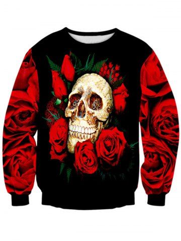 Rose Skull 3D Print Long Sleeve Crew Neck Sweatshirt - RED + BLACK - M