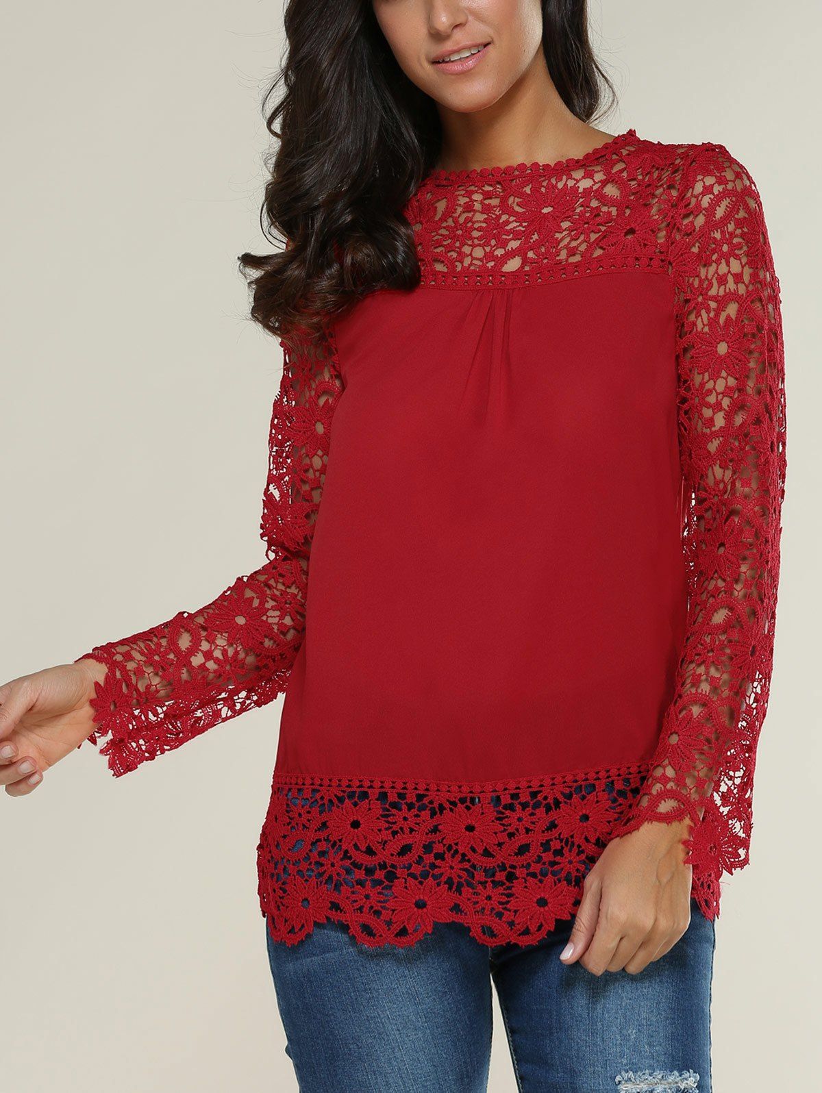 [52% OFF] Lace Spliced Floral Crochet Openwork Blouse | Rosegal