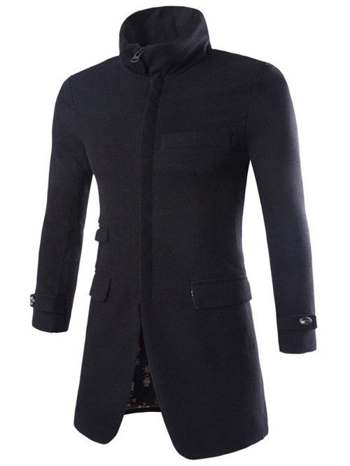 

Turndown Collar Longline Zip Up Woolen Coat, Black