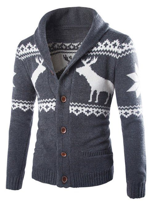 

Shawl Collar Ethnic Elk Print Button Up Cardigan, Deep gray