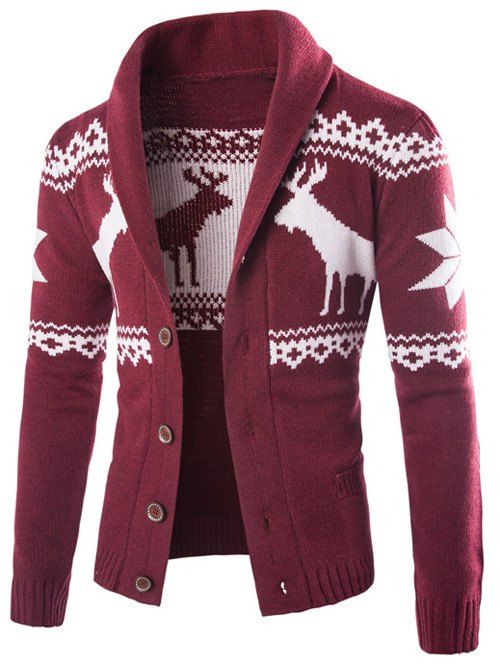 

Shawl Collar Ethnic Elk Print Button Up Cardigan, Wine red