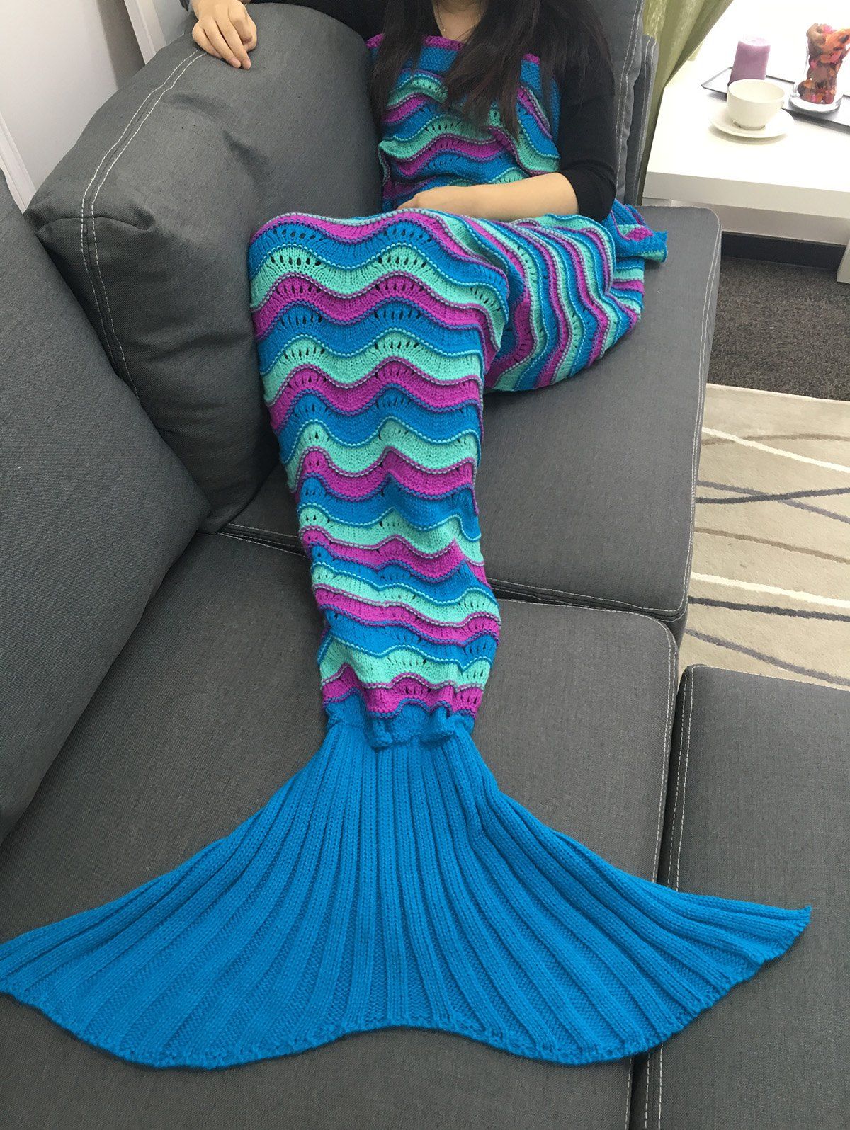 Fashion Color Block Crochet Knitting Mermaid Tail Design Blanket  