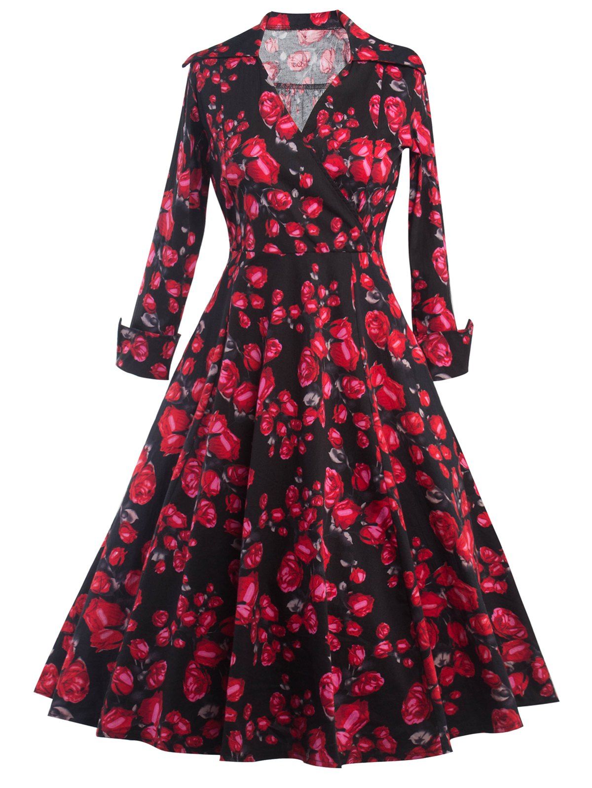 

Long Sleeves Floral Print Surplice Dress, Black