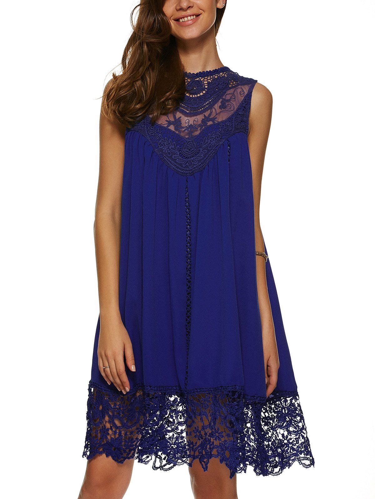 Deep Blue Xl Lace Panel A Line Casual Swing Dress