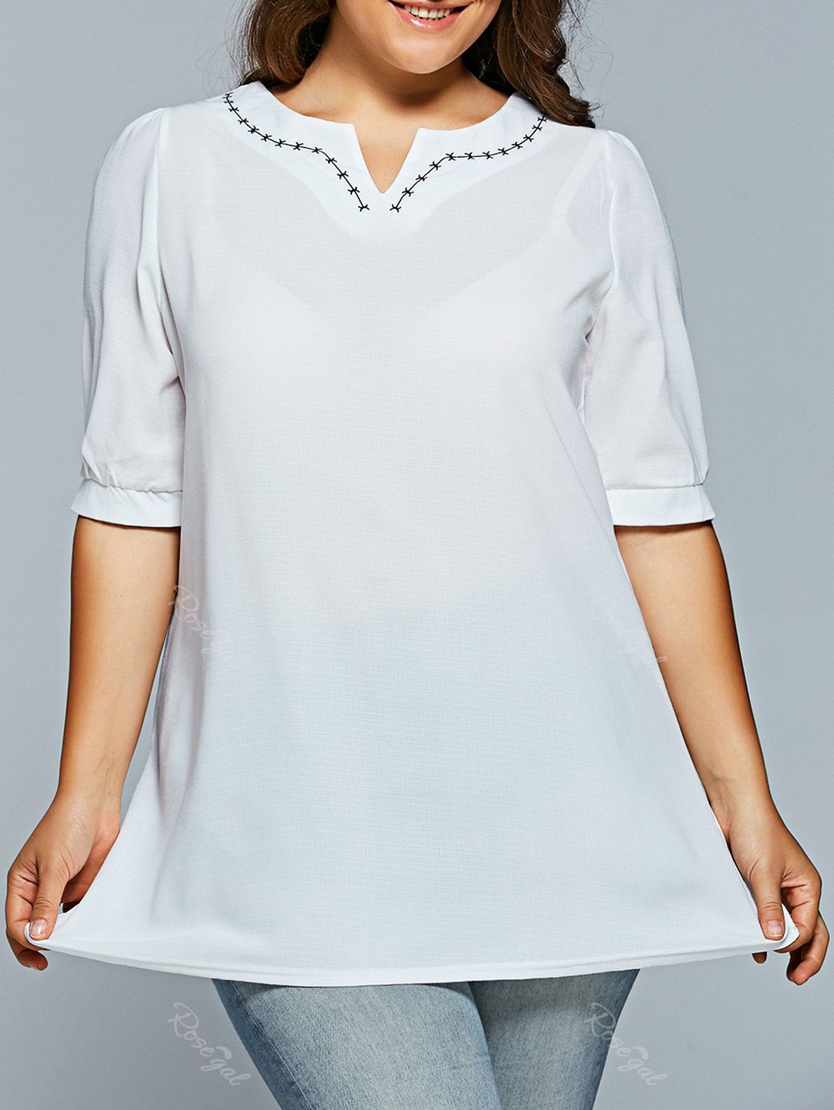

V Neck Half Sleeve Plus Size Top, White