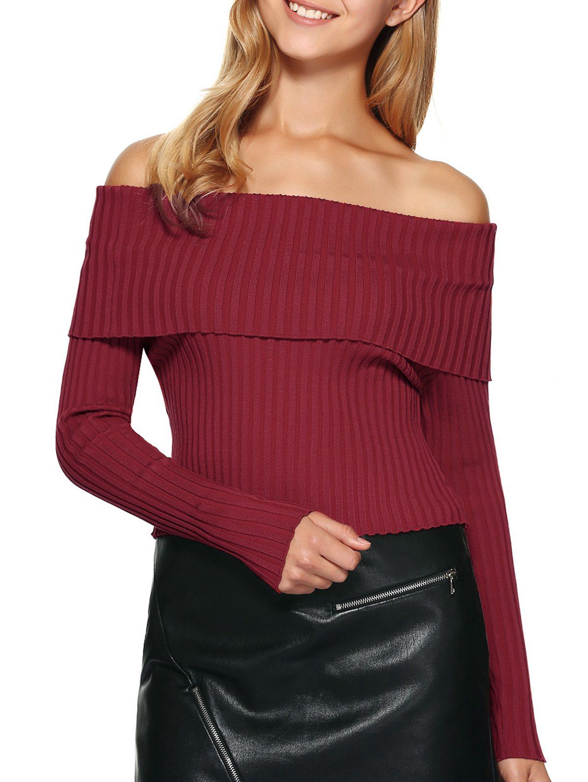 2018 Foldover OFF The Shoulder Sweater In Wine Red M | Rosegal.com