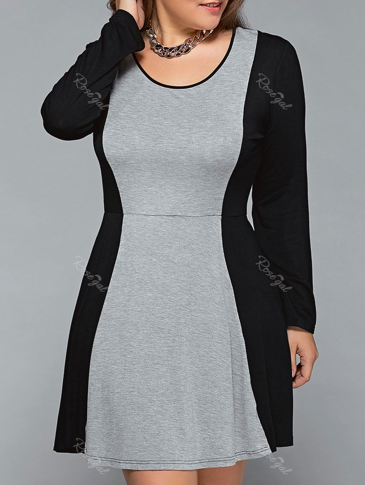 

Plus Size Long Sleeve Flare Dress, Black and grey