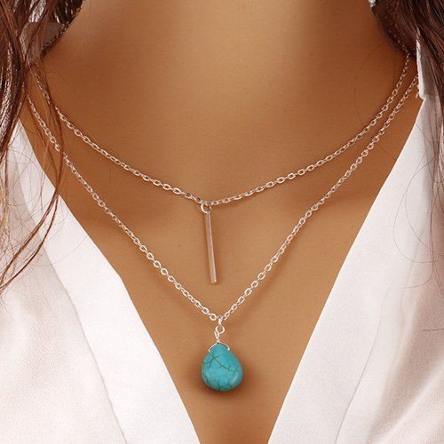 

Faux Turquoise Water Drop Bar Layered Necklace, Silver