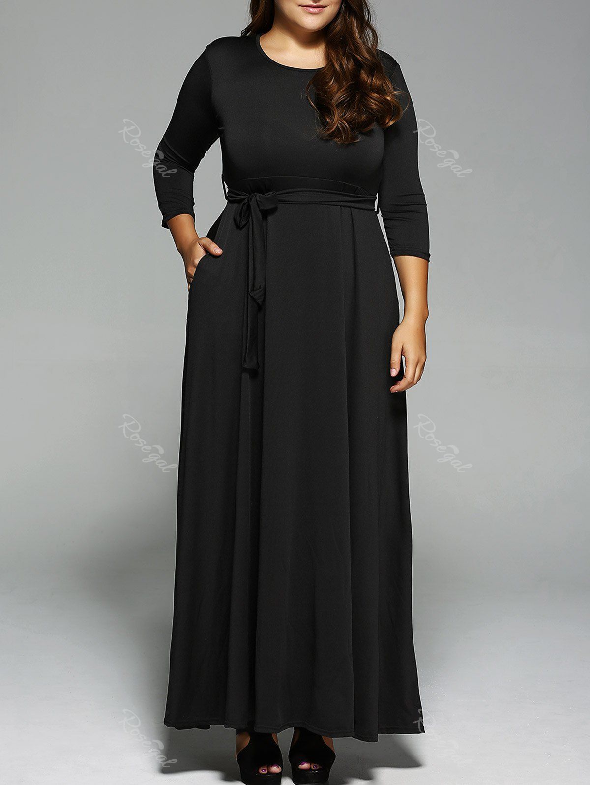 Black Xl Plus Size Long Sleeve Maxi Formal A Line Evening Swing Dress ...