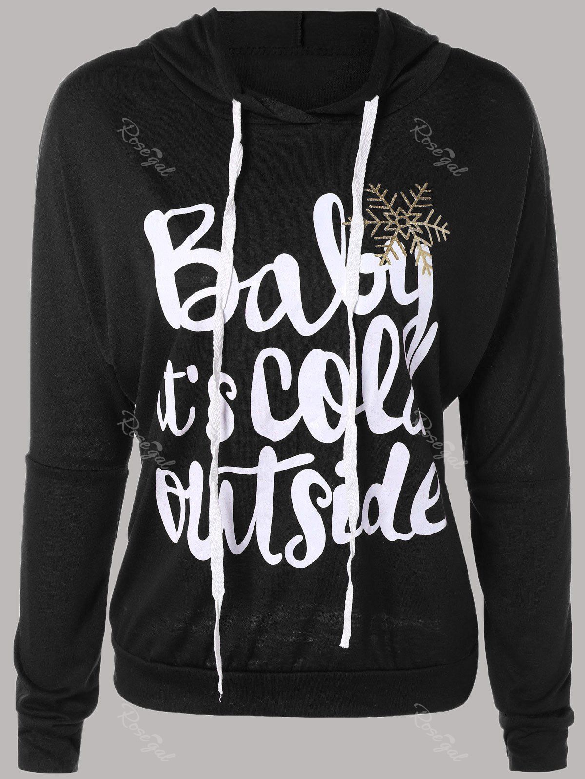 

Letter Print Snow Pattern Plus Size Hoodie, Black