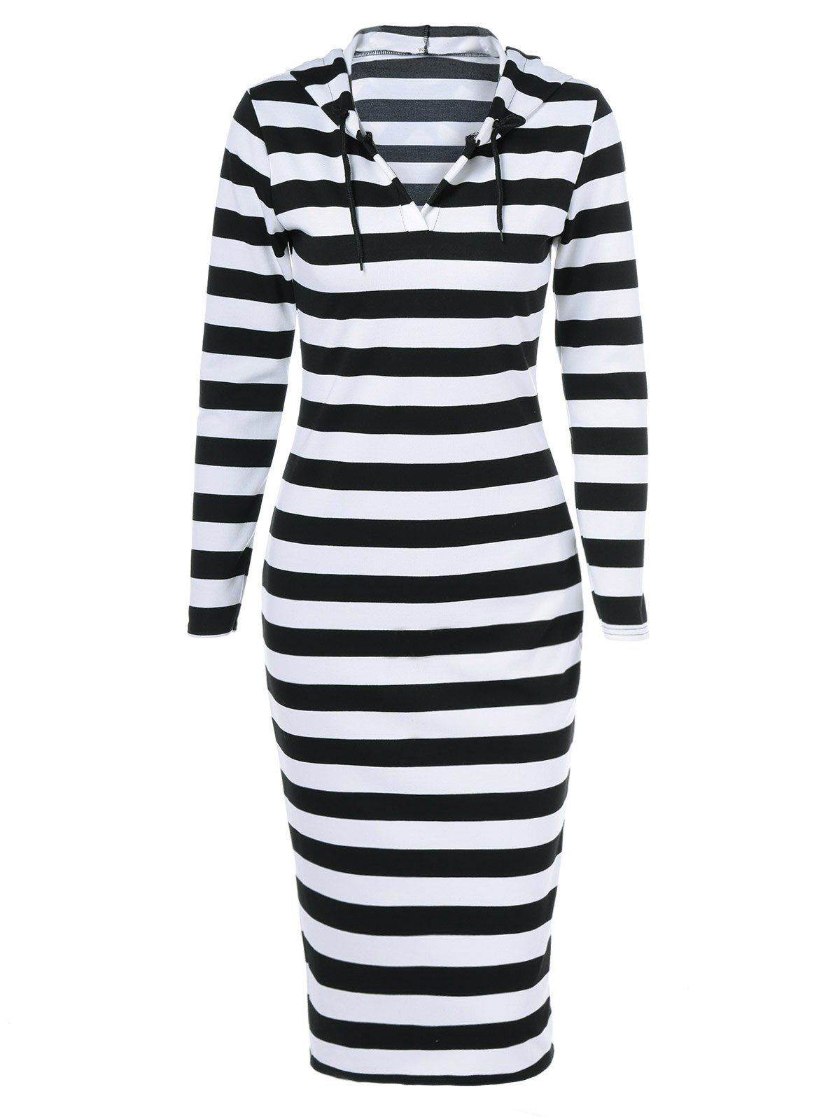 Best Midi Stripe Fitted Hooded Long Sleeve Dress  