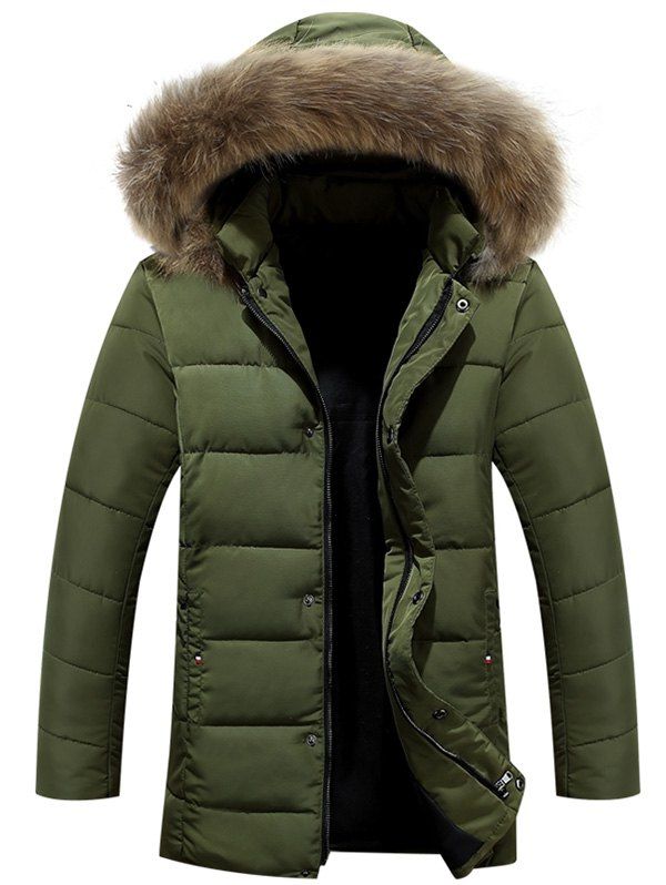 [38 OFF] Zipper Button Quilted Coat With Fur Hood Rosegal