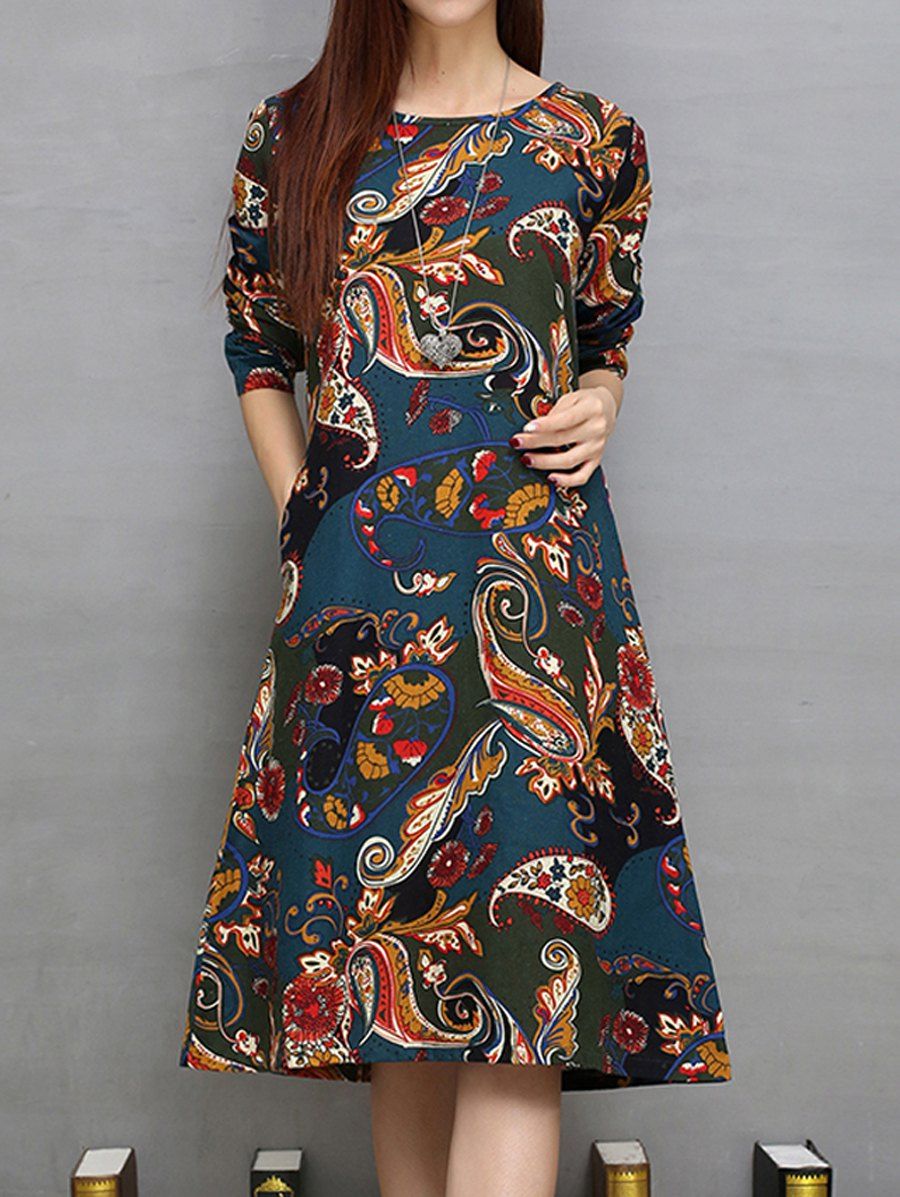 Cadetblue M Loose Ethnic Print Pockets Design A-line Dress | Rosegal.com