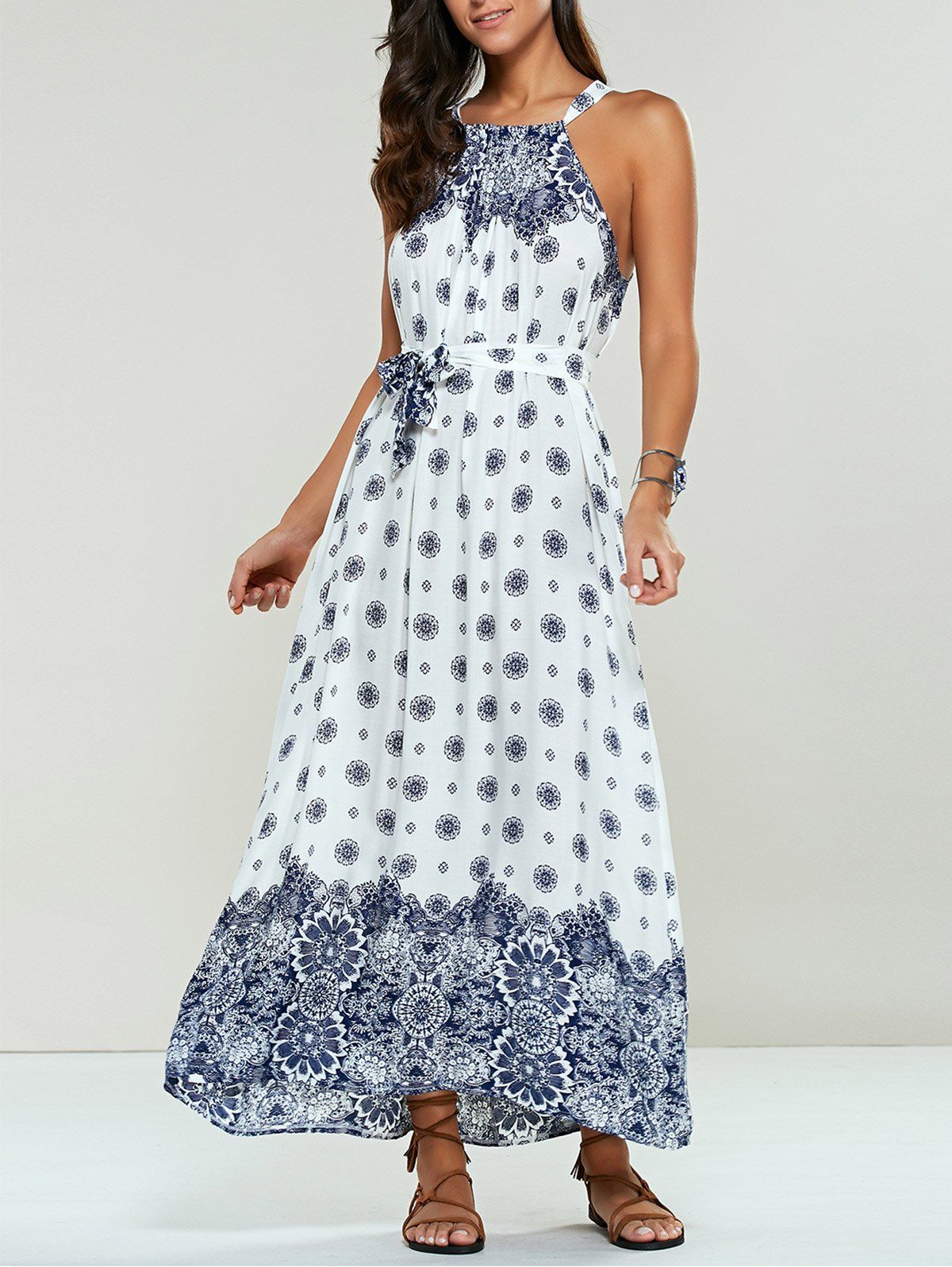 [36% OFF] Long Ethnic Print Maxi Halter Sleeveless Dress | Rosegal