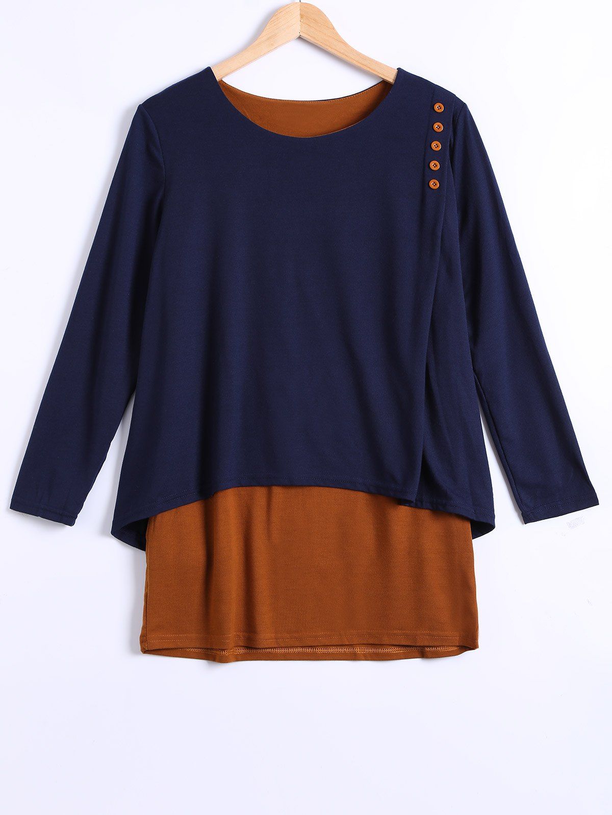 

Long Sleeves Asymmetric Faux Twinset T-Shirt, Purplish blue