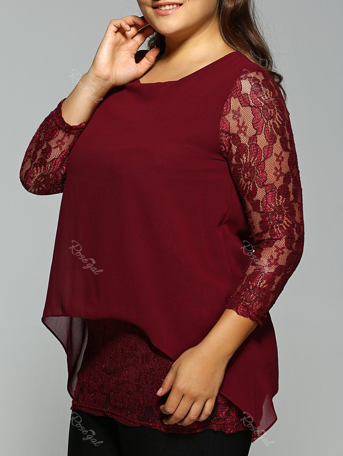 

Plus Size Lace Spliced Asymmetric Chiffon Top, Wine red