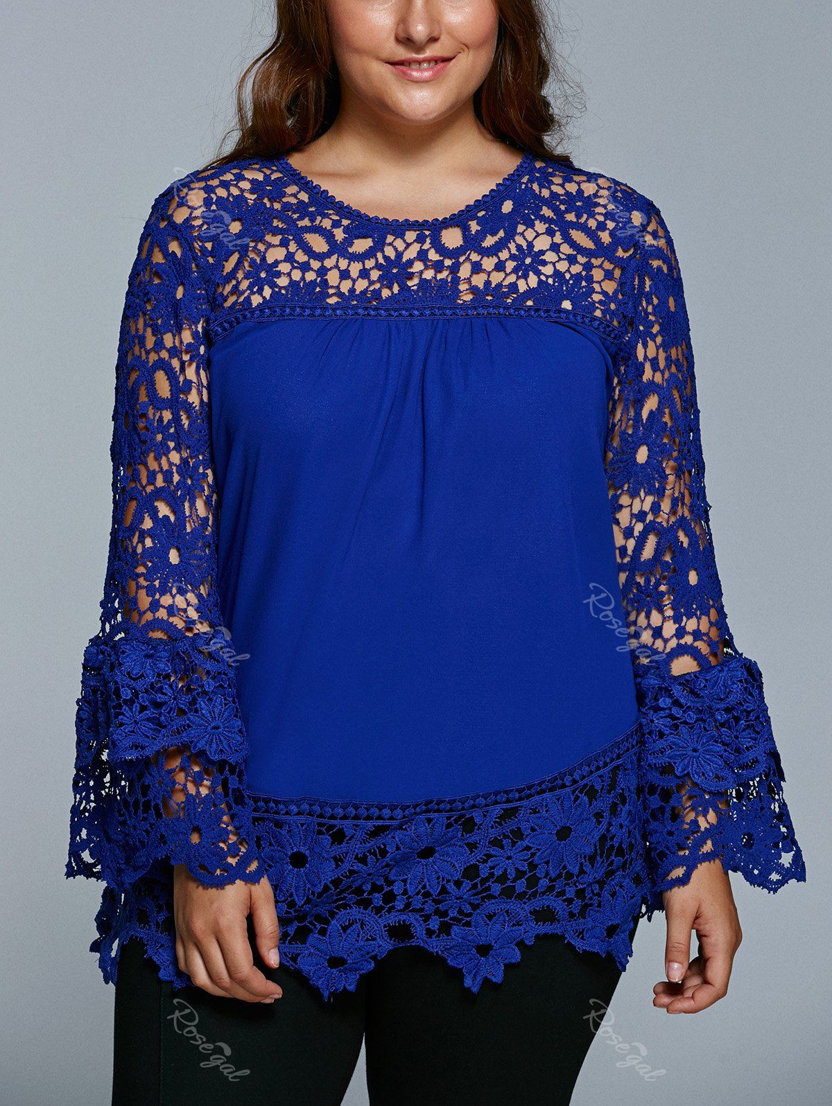 

Lace Spliced Hollow Out Plus Size Blouse, Sapphire blue