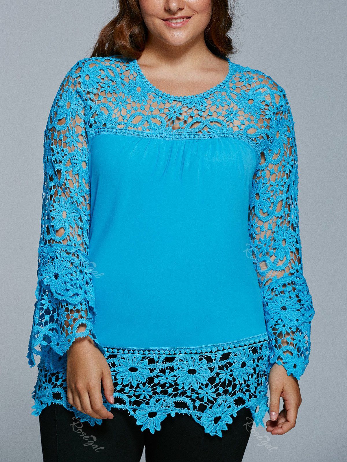 [69% OFF] Lace Spliced Hollow Out Plus Size Blouse | Rosegal