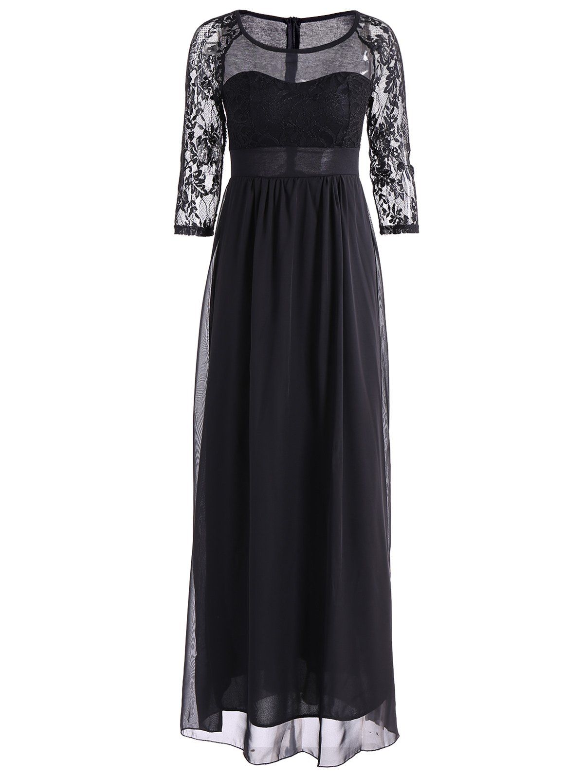 [82 OFF] Lace Sleeves High Waist Maxi Evening Dress Rosegal