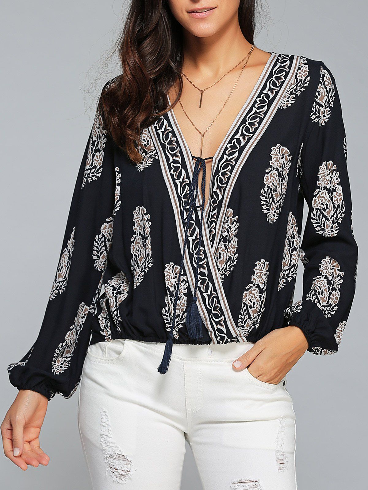 Purplish Blue Xl Floral Print Surplice Blouse | RoseGal.com