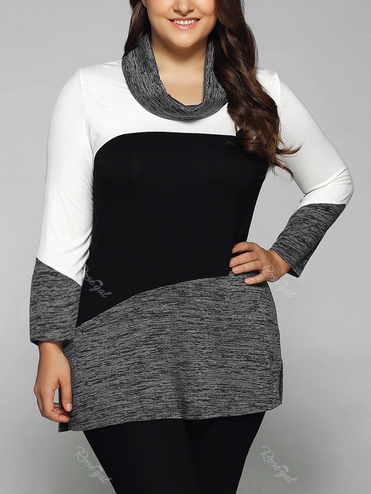 

Plus Size Cowl Neck Heathered Blouse, White and black