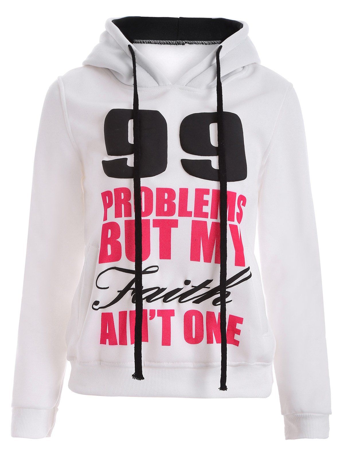 

Letters Print Double-Pocket Design String Hoodie, White
