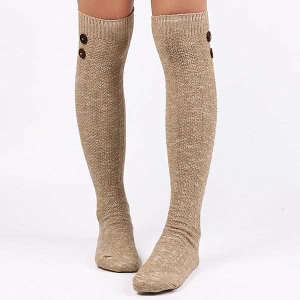 

Casual Buttons Snowflake Point Knit Stockings, Light khaki