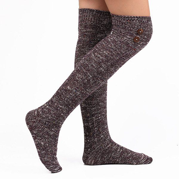 

Casual Buttons Snowflake Point Knit Stockings, Deep purple