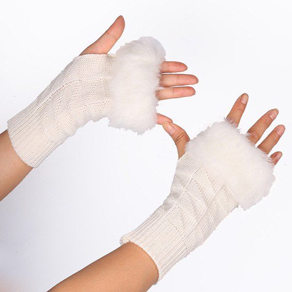

Casual Faux Fur Edge Plaid Knit Fingerless Gloves, White