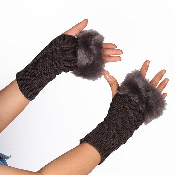 

Casual Faux Fur Edge Plaid Knit Fingerless Gloves, Deep gray