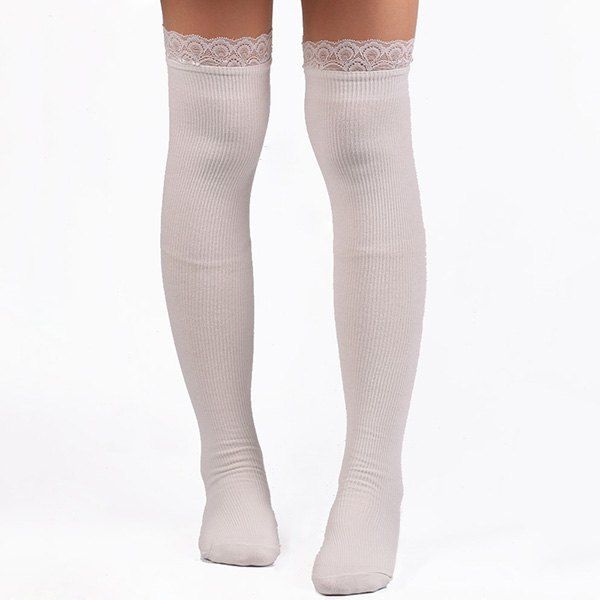 

Casual Lace Edge Knit Stockings, White