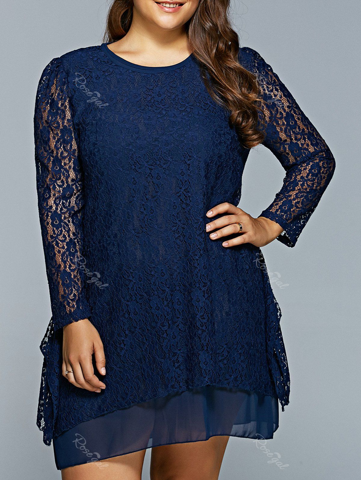 [40% OFF] Plus Size Long Sleeve Lace Mini Swing Dress | Rosegal