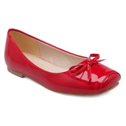Red 38 Patent Leather Square Toe Bowknot Flat Shoes | RoseGal.com