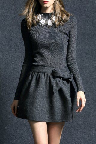 Sale Bowknot Ribbed Sweater Dress GRAY XL
