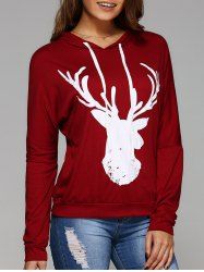 Long Sleeve Deer Print Christmas Hooded T-Shirt -  