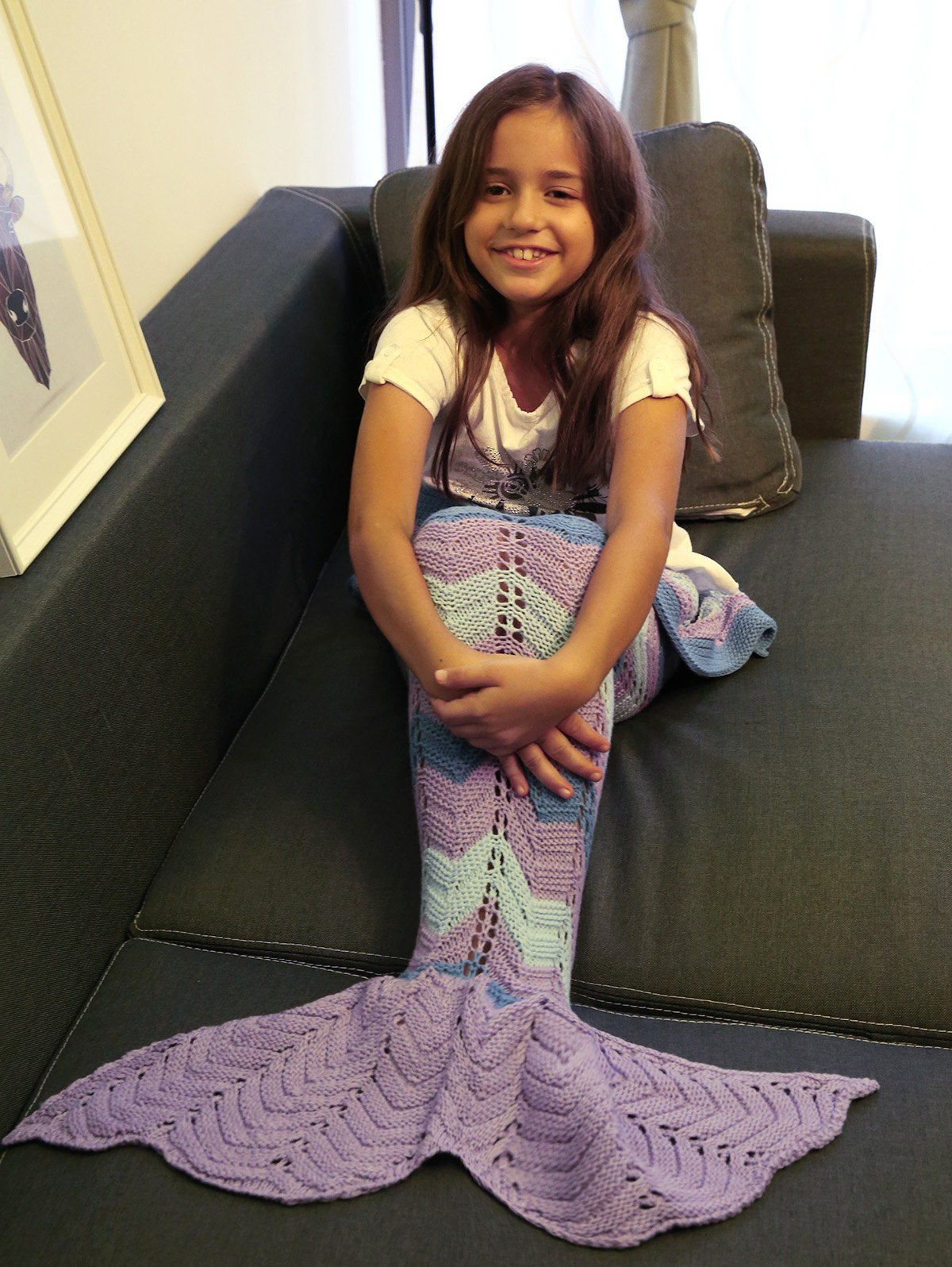 

Comfortable Knitting Openwork Color Block Mermaid Blanket, Purple
