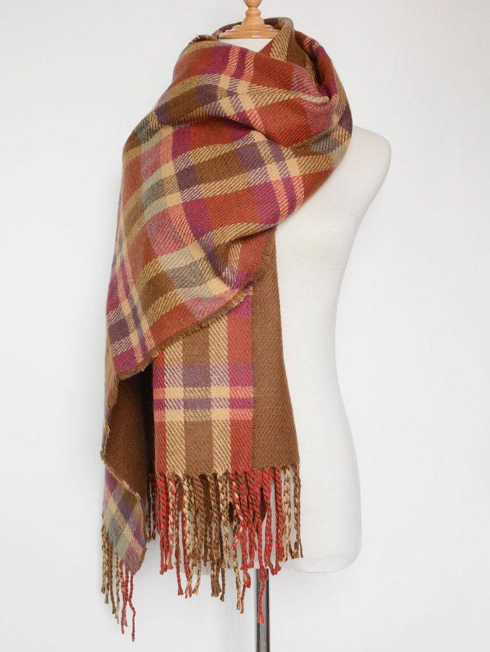 

Double Sided Fringe Plaid Scarf, Red