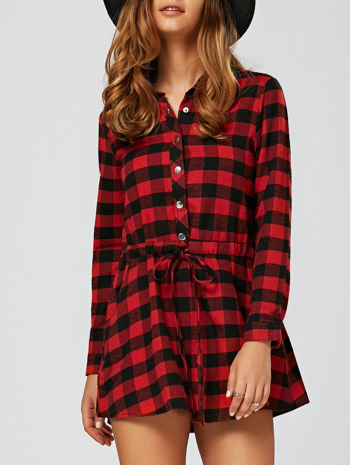 [13% OFF] Long Sleeve Drawstring Plaid Shirt Dress | Rosegal