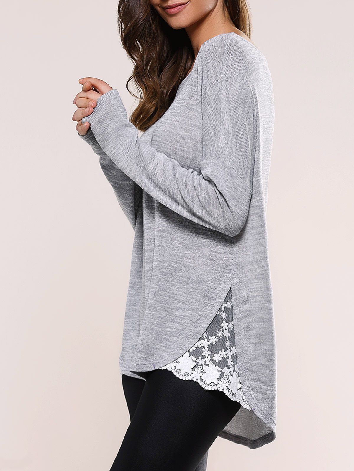 Store Lace Insert Asymmetric Pullover Long Sleeve Sweater  